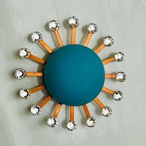 Upcycled Atomic Starburst Refrigerator Magnet Buttons Rhinestones Turquoise Blue